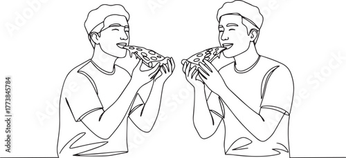 Continuous line drawing of two friends enjoying pizza slices wit