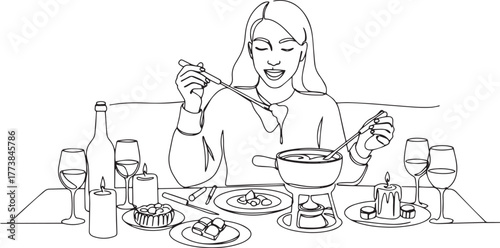 Elegant continuous line illustration of a fondue dinner with a w