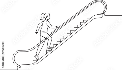 Single line drawing illustration of woman ascending escalator in