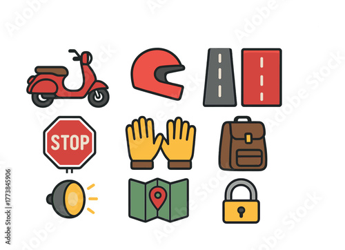 Vector Motorcycle safety gear and road symbols icons set