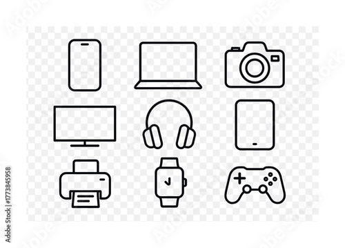 Vector Outline icons of electronic devices: smartphone, laptop, camera, monitor, headphones, tablet, printer, smartwatch, game controller