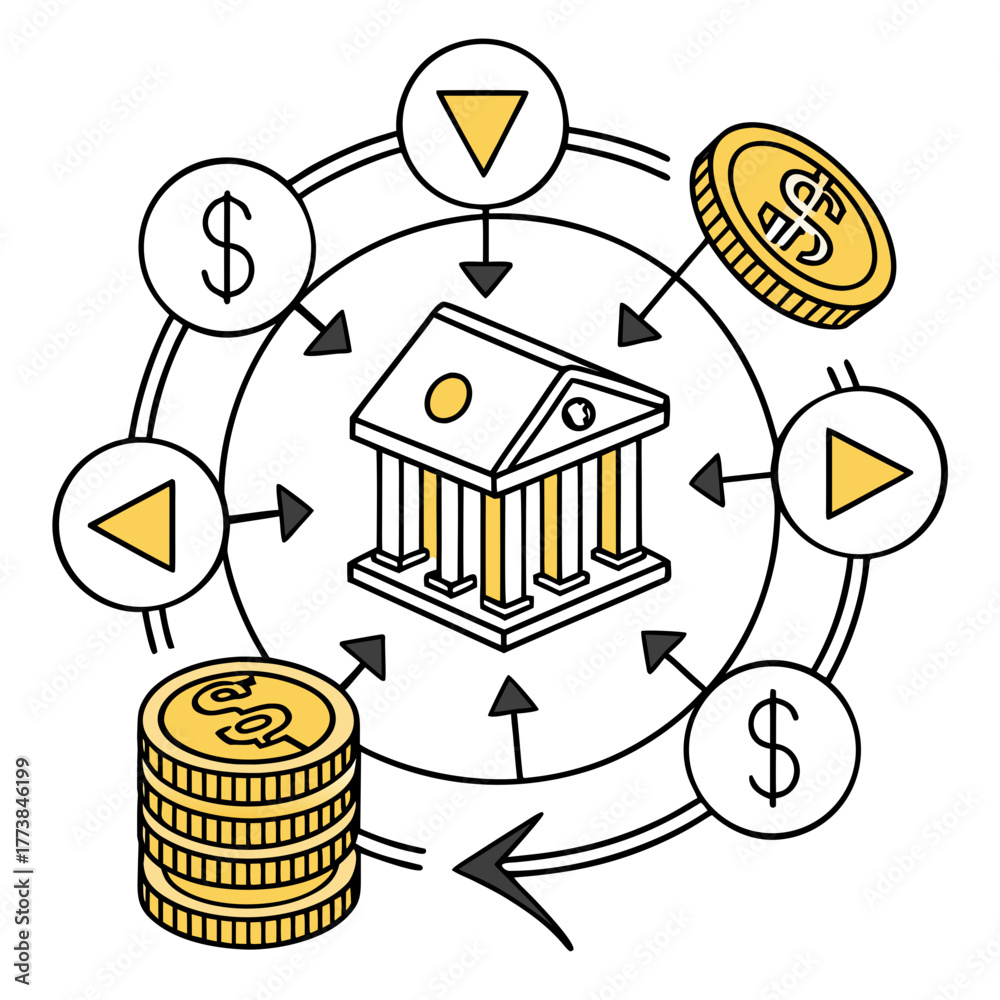 Naklejka premium Abstract illustration of a bank building at the center of a circular flow of financial transactions and symbols