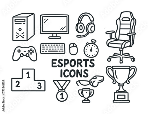 Vector Esports icons: computer, gaming gear, trophy, gamepad, headset