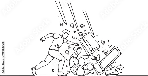 Continuous line drawing showcasing a rescue during collapsing st