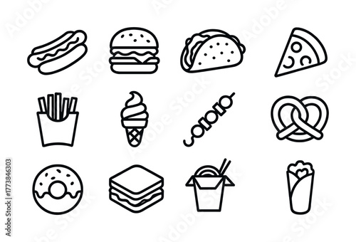 Set of simple line icons representing fast food items including burger, taco, pizza, and more