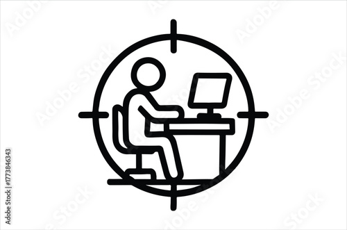 A person working at a computer inside a targeting reticle illustration