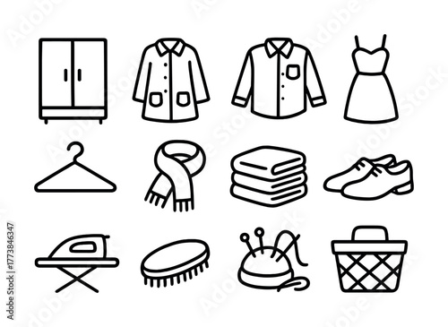 Vector Wardrobe elements: clothing, accessories, laundry, and sewing icons