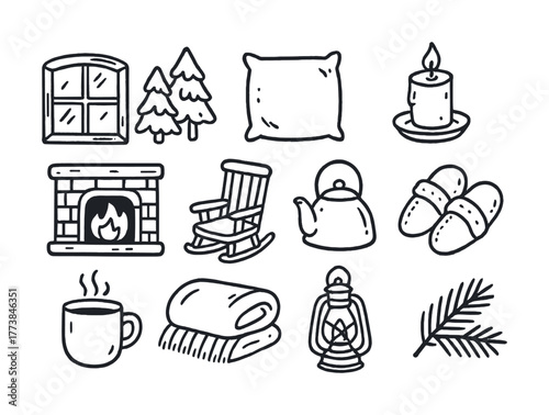 Cozy home elements: window, trees, pillow, candle, fireplace, rocking chair, teapot, slippers, cup, blanket, lantern, branch