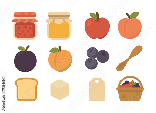 Assorted fruit icons with jam jars, berries, and bread illustrations