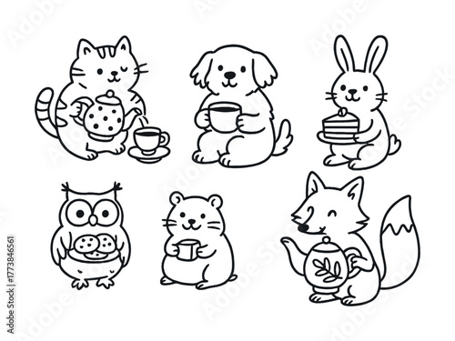 Vector Cute cartoon animals enjoying tea and snacks together
