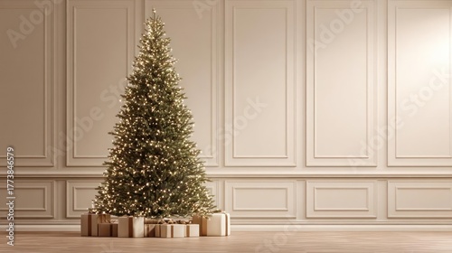 Elegant decorated christmas tree with presents underneath in a luxurious room with ornate wall paneling