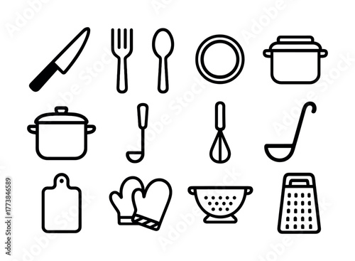 Vector Kitchen utensil icons set: knife, spoon, plate, and pot illustrations