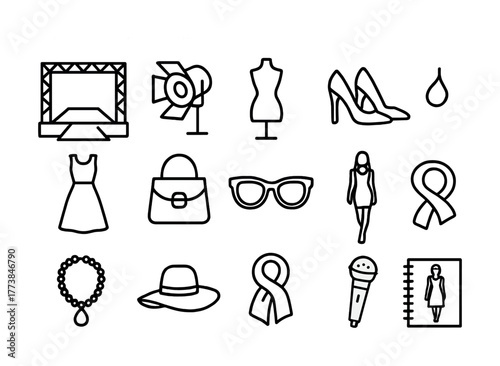 Vector Fashion and style icons: runway, accessories, apparel, and beauty symbol collection
