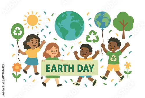 Vector Diverse children celebrating earth day with balloons and nature symbols