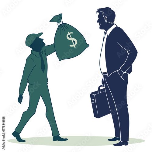 One businessman presents a large money bag with a dollar sign to another businessman holding a briefcase