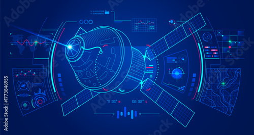 concept of aerospace technology, graphic of lined satellite with futuristic interface
