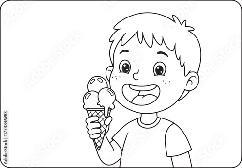 Cartoon illustration of a cheerful boy enjoying a triple scoop i