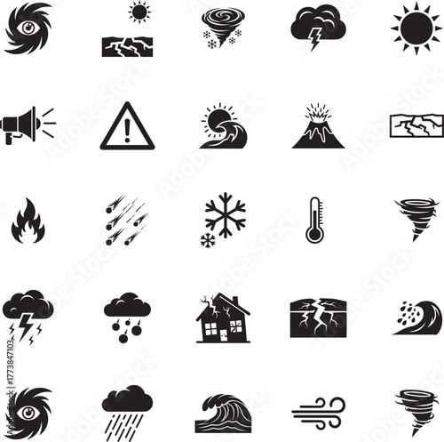 Disaster and Weather Hazard Silhouette icon collection. Includes Silhouette symbols disaster, weather, hazard, climate, emergency, warning and more. Isolated icons. Disaster icon set. 