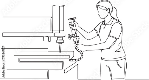 Continuous line drawing of a woman operating industrial equipmen