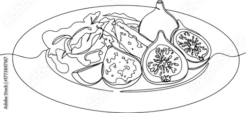 Delicate fig and salad arrangement on a plate, artistic line dra