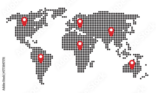 Dotted World Map with Red Location Markers