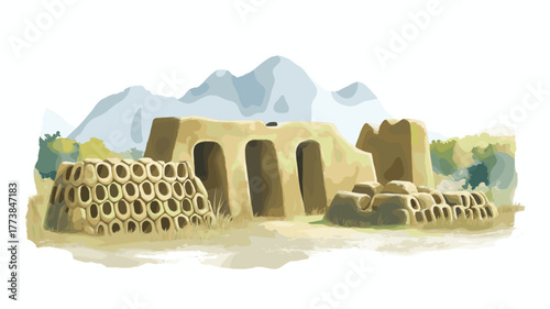 Chan Chan Archaeological Site. Chan Chan Archaeological Site hand drawn watercolor illustration