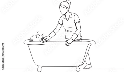 Woman cleaning bathtub with sponge in single continuous line dra