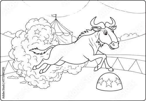Cartoon wildebeest performing a stunt in a circus coloring book
