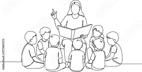 Single line illustration of a woman reading a story to a group o
