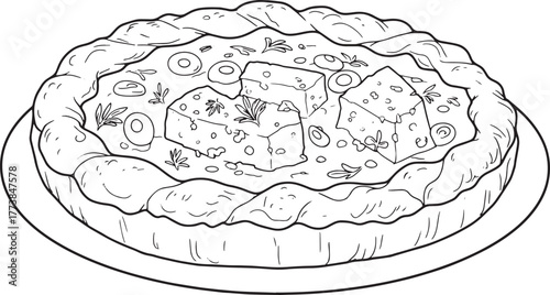 Hand-drawn black and white sketch of Greek feta cheese pie on a