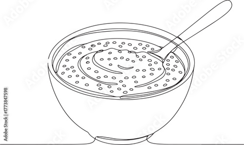 Minimalist line art illustration of a bowl of chia pudding and s