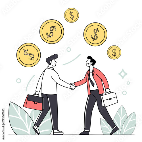 Two businessmen shaking hands with gold coins falling from above symbolizing a successful financial deal or partnership