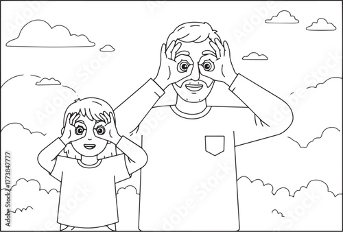 Whimsical line art of a father and child playing peek-a-boo with