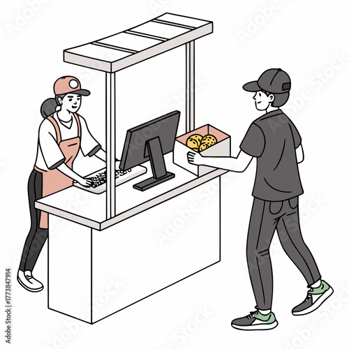 A friendly cashier in an apron and hat operates a computer at a counter while a delivery person brings a box of baked goods