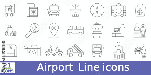  Airport related icons set. Including airplane, terminal, baggage, passport, boarding, travel,