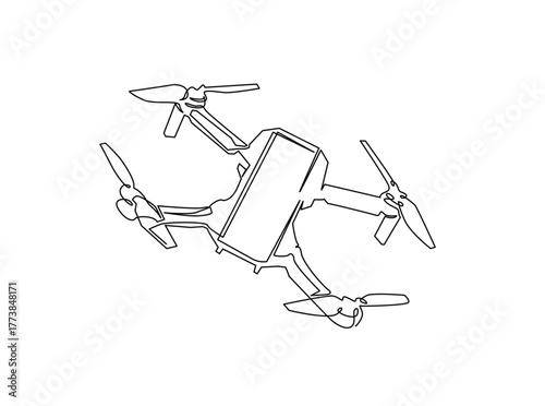 Flying Drone outline draw illustration. Continuous line art drawing of Drone Flying in the Sky. Editable stroke.