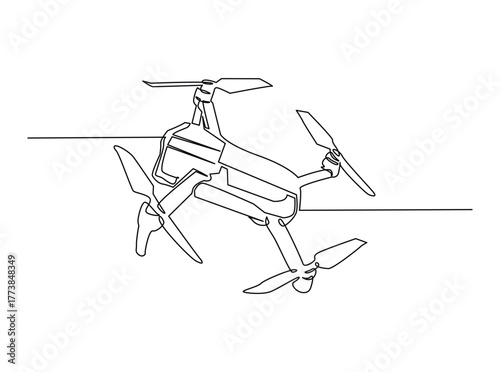Flying Drone outline draw illustration. Continuous line art drawing of Drone Flying in the Sky. Editable stroke.