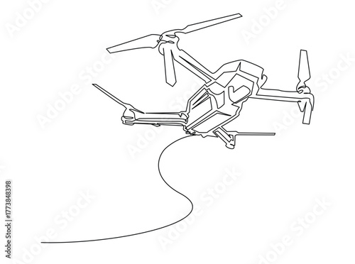 Flying Drone outline draw illustration. Continuous line art drawing of Drone Flying in the Sky. Editable stroke.
