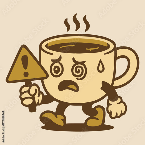 Running On Caffeine Coffee Cup Mascot Distressed Retro Cartoon Emblem Graphic