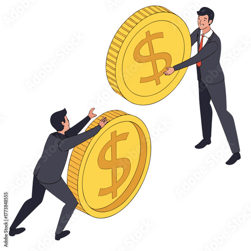 Two businessmen in suits interacting with large golden dollar coins representing financial concepts and wealth accumulation