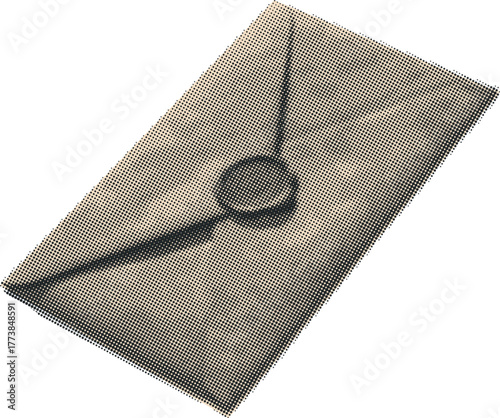 Vintage Envelope with Wax Seal in Halftone Texture, symbolizing Retro Communication, Business Message, and timeless Minimalist design in beige tones.