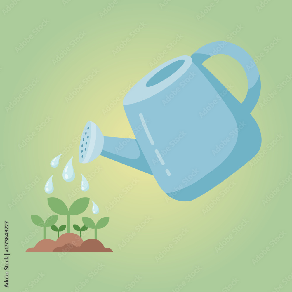 Obraz premium Watering Can with Young Plants and Water Drops Vector Illustration