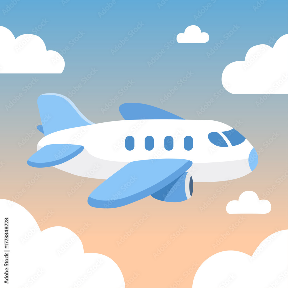 Fototapeta premium Airplane Flying in Sky with Clouds Vector Illustration