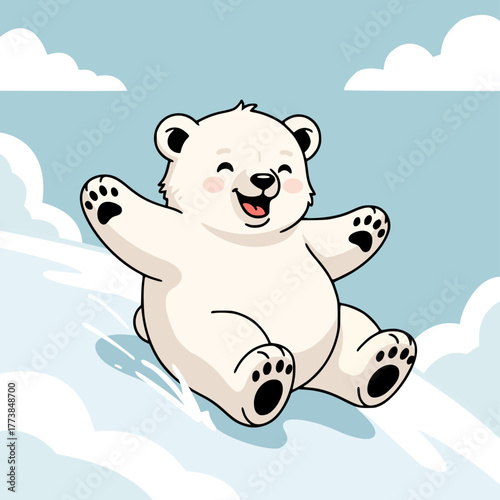 Cute Polar Bear Cub Sliding on Snow Vector Illustration