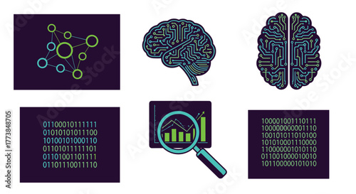Set of Icons Representing Artificial Intelligence, Big Data, Technology, and Digital Analysis