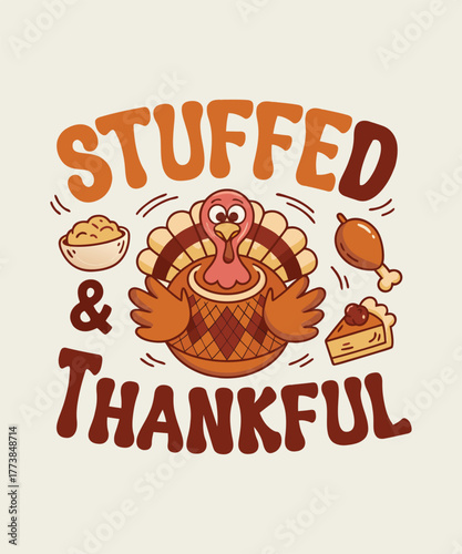 Festive turkey illustration with holiday themed food and thankful lettering