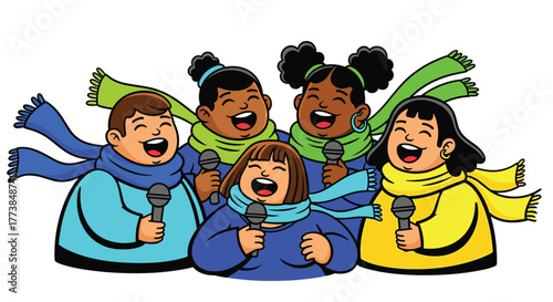 Cheerful Diverse Group of Cartoon Kids Singing Christmas Carols Together