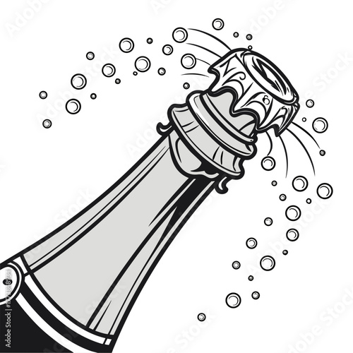 Champagne bottle cork popping with bubbles and spray in a celebratory festive moment