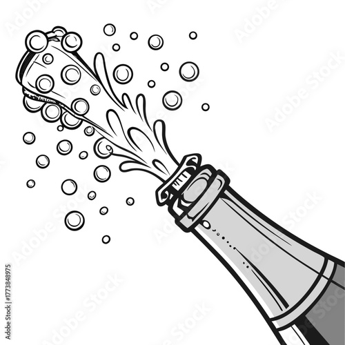 Stylized black and white illustration of a champagne bottle cork popping with bubbles and liquid splashing upwards