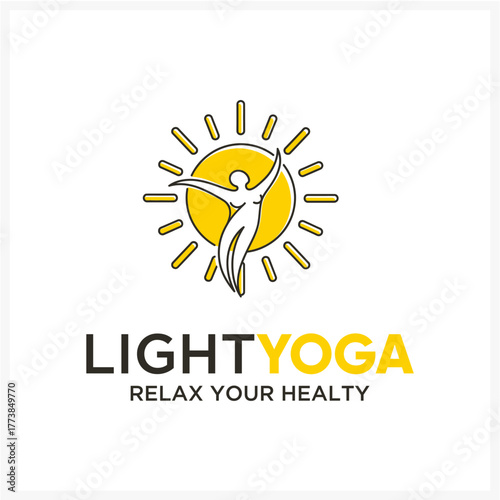 Creative logo template of a human figure in a wellness pose inside a shining sun, symbolizing energy, health, and spiritual harmony for a yoga studio or fitness center